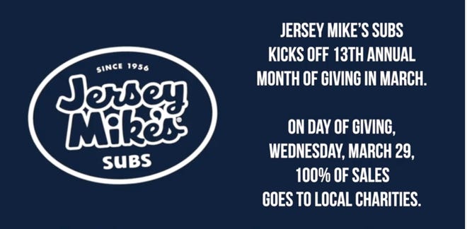 On Day of Giving, March 29, Jersey Mike's will donate 100% of its sales to local charities.