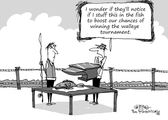 Editorial cartoonist Jerry King looks at cheating at fishing tournaments.