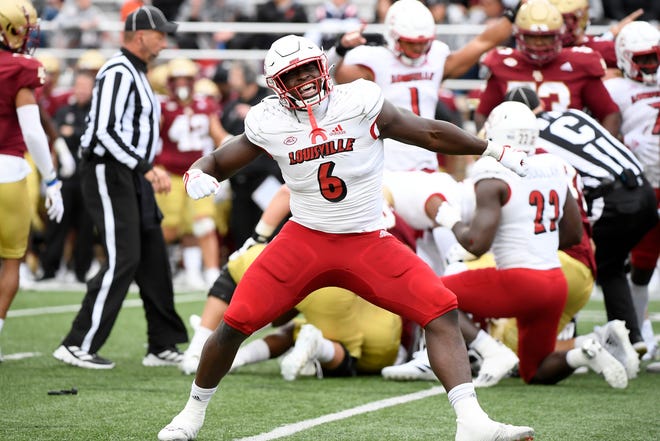 Louisville defensive lineman YaYa Diaby (6) reacts after a play against Boston College at Alumni Stadium in Chestnut Hill, Massachusetts, on Oct. 1, 2022.
